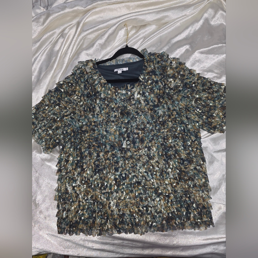 Chico's Foil Mesh Ruffle Top Deepest Spruce- Size 2